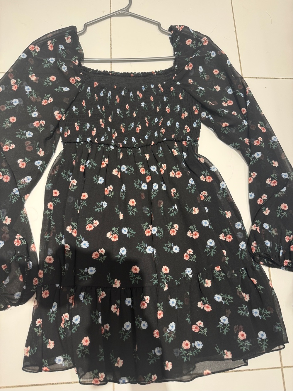 Girls' Black Floral Smocked Dress